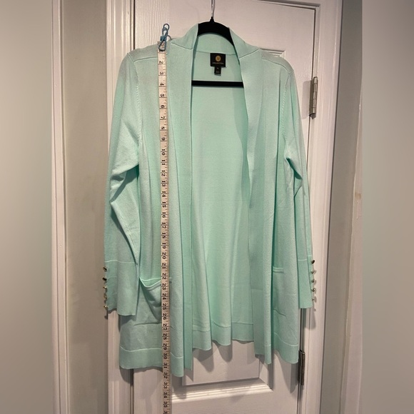 JM Collection Size LP Seafoam Open Front Gold Button Cuff Cardigan Lightweight - Picture 8 of 13